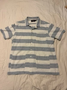 RRL Ralph Lauren Men XL Blue And White Cotton Linen Blend Short Sleeve Textured - Picture 1 of 8