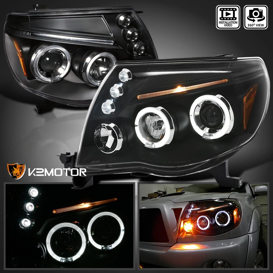 Black Fits 2005-2011 Toyota Tacoma LED Halo Projector Headlights Lamp Left+Right Foto 1 de 4