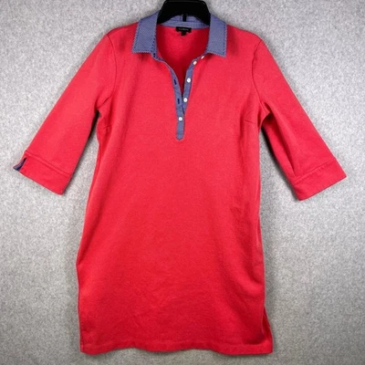 Talbots Dress Women's Large Pink Knit 3/4 Sleeve Gingham Trim Polo Collar Casual - Image 1 of 4