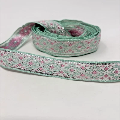 Cinta de tela Jaquard de colección ribete geométrico tribal verde rosa metálico 4,5 yardas Foto 1 de 4