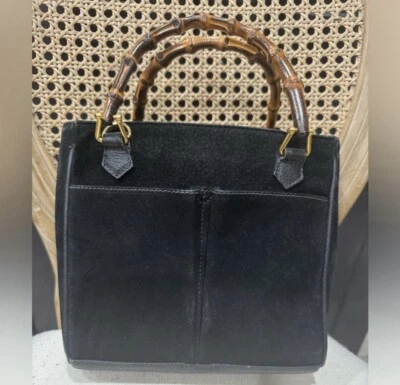 Винтажная замшевая бамбуковая верхняя ручка Gucci темно-синяя бывшая в употреблении - Изображение 1 из 4