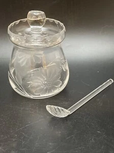 Vintage Floral Etched Crystal Jam Jar Honey/Mustard Pot, Lid, Spoon, 3.25” Tall - Picture 1 of 9