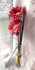 Vintage Marks and Spencer Fabric Claret Gerbera Flowers in Tall Glass Vase - Picture 1 of 6