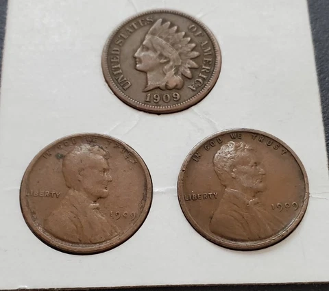 1909 VDB Lincoln Cent 1909 P Cent 1909 Indian Head Cent 3 Coin Lot In Coin Flip Cover