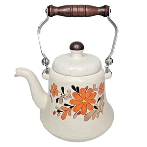60er Jahre Japan Steingut Teekanne Holzgriff florales Design orange gelb Blumen *** - Bild 1 von 24