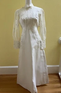 Vintage 60's White Wedding Dress Straight Simple High Neck Lace Illusion S 2 4 - Picture 1 of 24