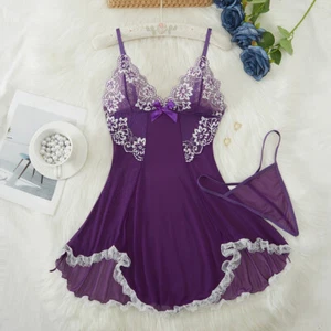 Women Lace Sheer Lingerie Babydoll V Neck Nightwear Sexy Chemise Dress (Purple) - Picture 1 of 13