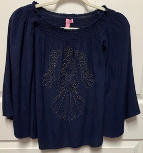 Top Lilly Pulitzer Nita XS verdadero azul marino calado fuera del hombro mangas campana cuentas EC - Imagen 1 de 9
