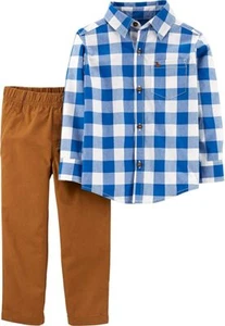 Carters Baby Boys Plaid Pocket Shirt + Pants Set for 12 MONTHS Blue/Brown NEW - Picture 1 of 1
