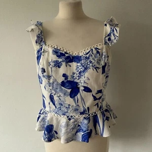Lipsy Blue White Floral Peplum Top Ruffle Linen Cotton Blend Summer Size 14 BNWT - Picture 1 of 11