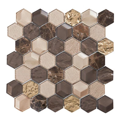Salpicadero hexagonal Emperador mármol metálico marrón dorado beige vidrio mosaico azulejo Foto 1 de 4