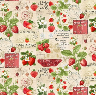 BOLT END 34 INCH Timeless Treasures Berry Sweet Strawberry Farmers Market Fabric - Image 1 of 4
