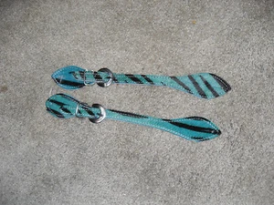 NEW HAIR ON TEAL / BLACK COLOR ZEBRA PRINT LEATHER SPUR STRAPS (PAIR) - Picture 1 of 1