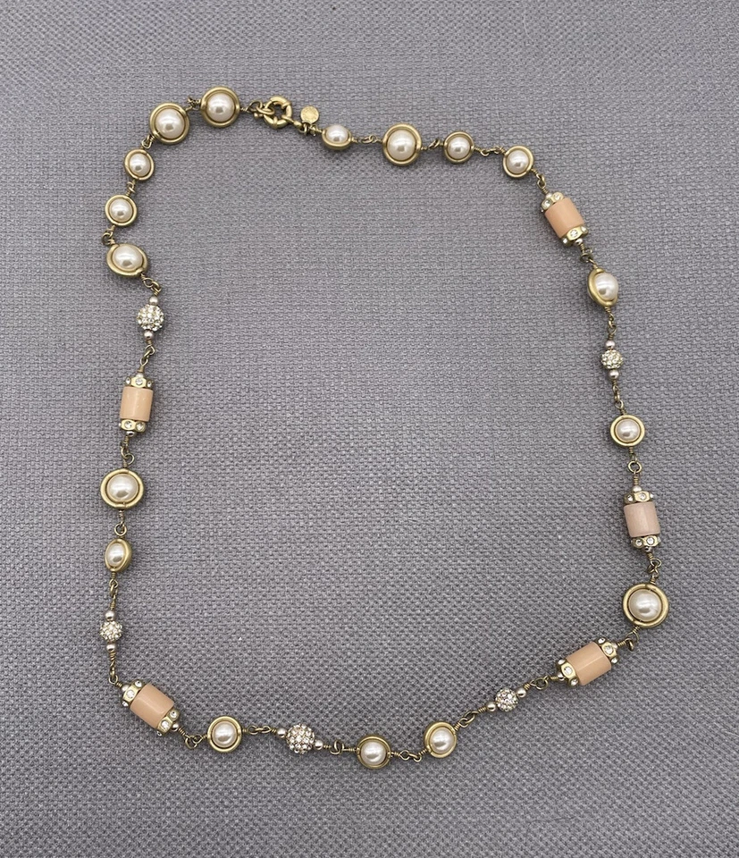 J Crew Pale Coral / Pink, Crystal, Pearl , Gold Tones Link Necklace - Image 1 of 4
