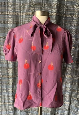 Blusa de Colección Años 80 Charles Bianco Púrpura Roja Cuello Atado 100% Seda Mangas Cortas Foto 1 de 4