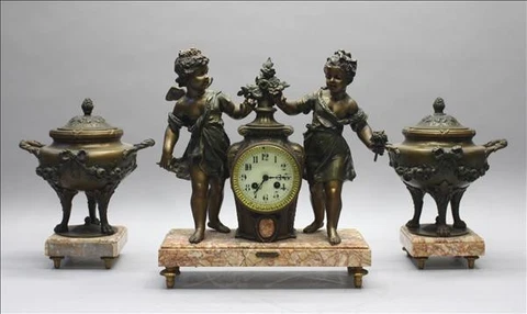Antique French spelter Bronze clock garniture Vases urns cherubs marked Bruchon Cover
