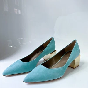 NUEVO EN CAJA LORIBLU Italia Gamuza Cuero Bombas Aguamarina Oro Bloque Tacón Punta Punta Punta 40  - Imagen 1 de 11