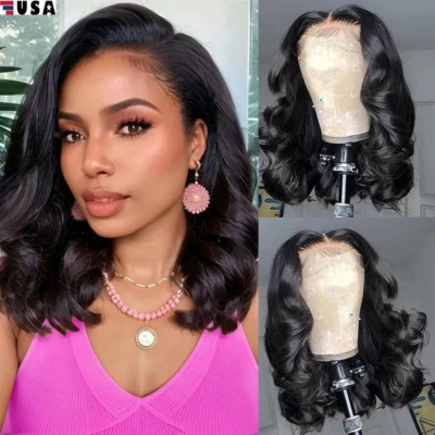 Bob Wig Human Hair Wig Body Wave Lace Front Wigs Human Hair Pre Plucked 14" USA - Image 1 of 4