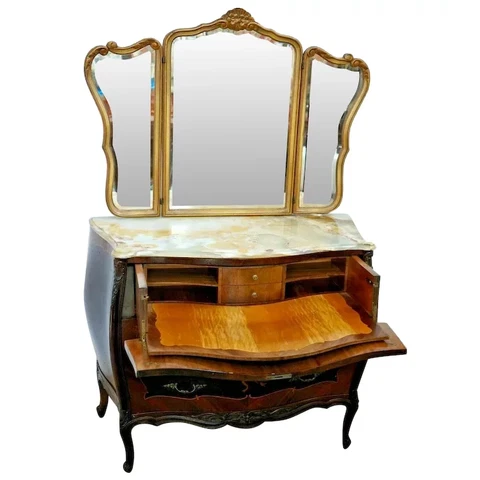 Antique Italian Dresser Locking Hidden desk Pull out Bombe Vanity Chest Mirror Cover