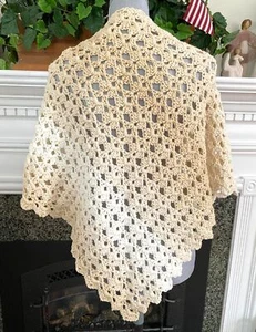 Handmade Crochet Lacy Triangle Shawl Wrap Scarf Cream Beige Ombre Gradient Yarn - Picture 1 of 3