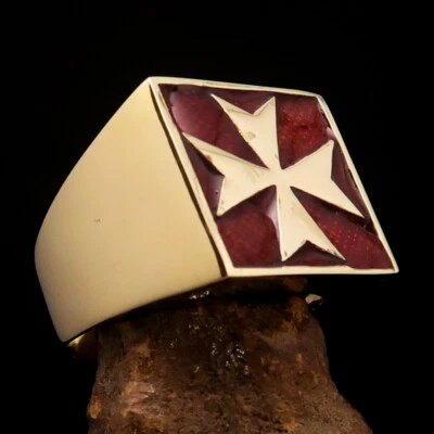 SQUARE MENS BRASS BIKER RING MALTESER CROSS KNIGHT SYMBOL ORANGE SIZE 10 - Image 1 of 4