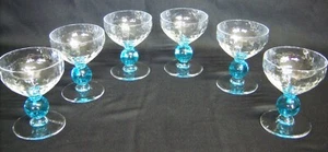 VTG Bryce Contour Cerulean Blue Ball Stem Champagne/Sherbet Glasses - Set of 6 - Picture 1 of 8