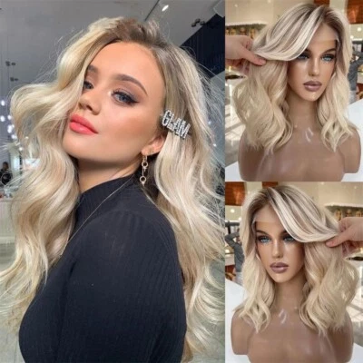 Short Blonde Highlights Lace Front Wig 4x4 Lace Human Hair Wig - Image 1 of 4