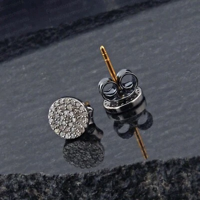 Solid 925 Starling Silver Round Stud Earrings Pave Diamond Minimalist Jewelry - Image 1 of 4