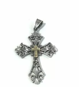 Michael Anthony Sterling Silver and 10K Yellow Open Cross Pendant - Picture 1 of 10