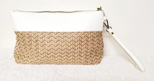 Imo Imoshion 13x7 White & Tan Wicker Looking w/Gold Trim Wristlet Clutch Purse - Picture 1 of 10