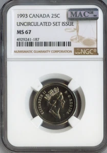 1993 Canada 25 Cents NGC MS67 MAC Quality - Picture 1 of 2