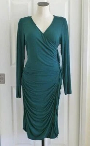 Abito Sundance Jade Teal Rayon Jersey Maglia Mega-Ruched Increspato Scollo a V Surplice L - Foto 1 di 12