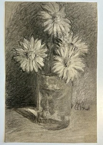 Signed Alfred Prust Undated Pencil Sketch Original Art Flowers Vase Daisy Floral - Picture 1 of 7