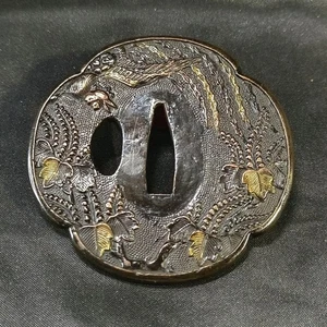 Japanese Tsuba Phoenix Paulownia Design Shakudo Nanako Gold Inlay - Picture 1 of 11