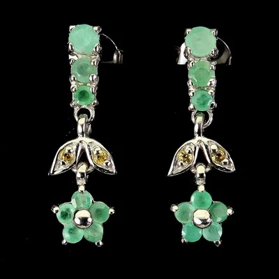 925 Sterling Silver Earrings Round Emerald Sapphire Flower Gemstone Jewelry - Image 1 of 4