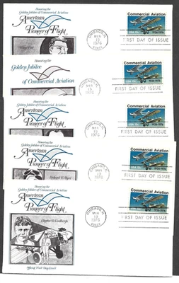 US FDCS 1976 COMMERCIAL AVIATION STAMP SC 1684 JUBILEE OF COMMERCIAL AVIATION X5 - Image 1 of 4