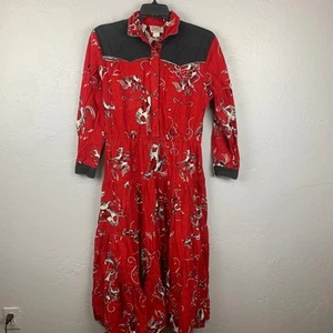 Abito Midi Vintage Circle T Motivo Western Taglia 15/16 Rosso Nero Rodeo Bronc Ride - Foto 1 di 12