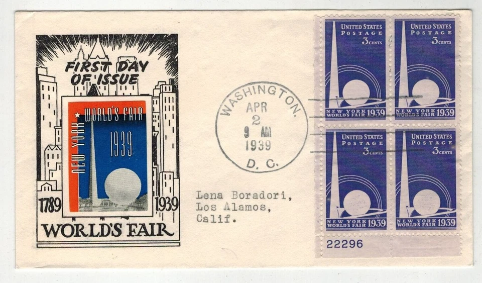 1939 NEW YORK WORLD'S FAIR 853-3 CACHET & COLOR LABEL PLATE # BLOCK D.C. CANCEL - Image 1 of 1