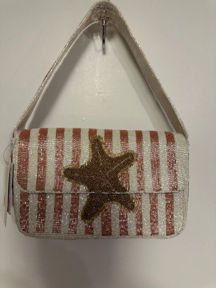 Bolso de mano Viral hecho a mano en la India rosa a rayas con cuentas estrellas de mar NUEVO CON ETIQUETAS Foto 1 de 3