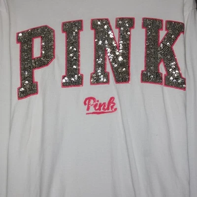 Camiseta ROSA Victoria's Secret Manga Larga Blanco Lentejuelas Estampado Gráfico Algodón M Foto 1 de 4