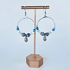 Delft Blue Beaded Hoop Earrings – Handcrafted Beads - Picture 1 of 8