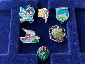 Vintage Set Of 6 Collectible Pins In Honour Of Sport And Military Activities - Picture 1 of 9