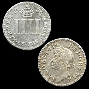 **HIGH GRADE** JAMES II 1686 STERLING SILVER MAUNDY FOURPENCE COIN - Picture 1 of 11
