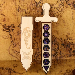 7pcs/set Plastic Polyhedral Dices for Role Play Game Sword Wooden Display Case - Picture 1 of 12