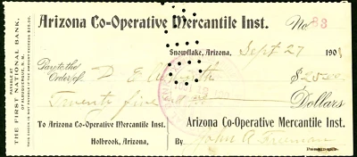 AZ $25 SNOWFLAKE Arizona Co-operative Mercantile Inst. HOLBROOK Sept 1901 check - Image 1 of 3