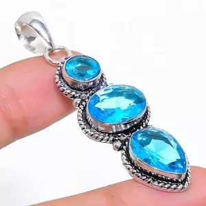 Swiss Blue Topaz Gemstone Handmade 925 Sterling Silver Jewelry Pendant Size 2" - Picture 1 of 1