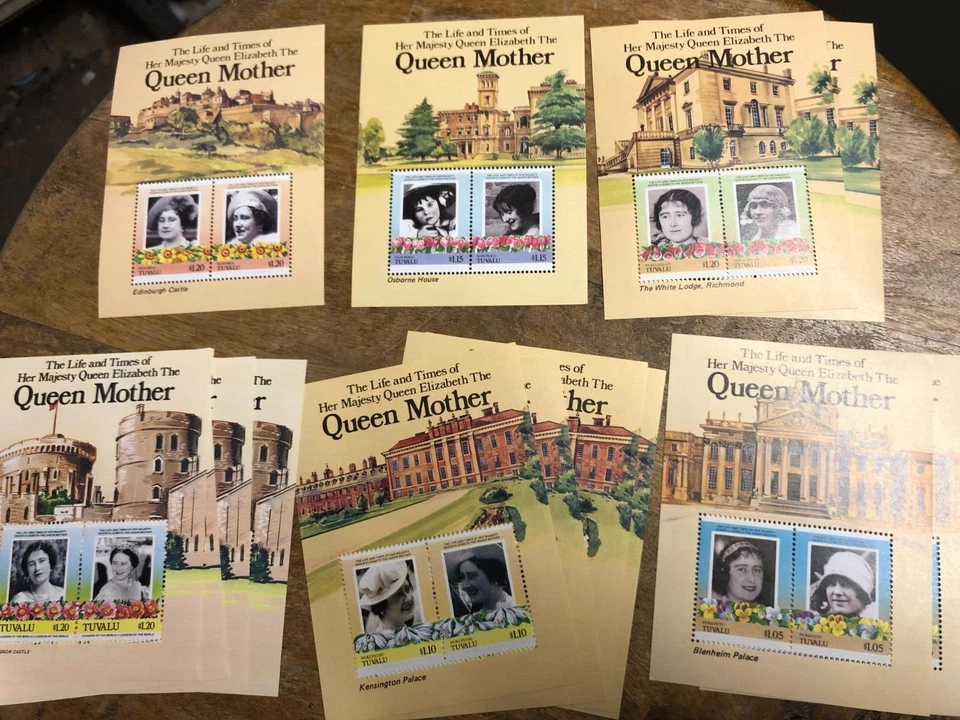 15 sábanas miniatura 1985 reina madre Tuvalu 6 diferentes/15 en total Foto 1 de 1