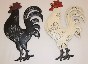 Rustic Black & White Painted Tin Decorative Roosters Wall Hanging Large 16" Tall - Picture 1 of 9
