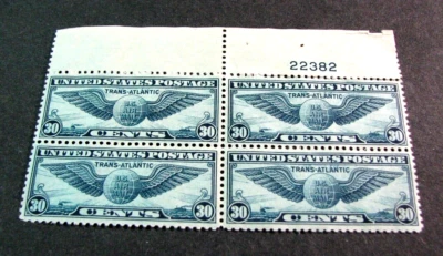 US Plate Block Stamp Scott# C24 Winged Globe 1939 MH  L707 - Image 1 of 2