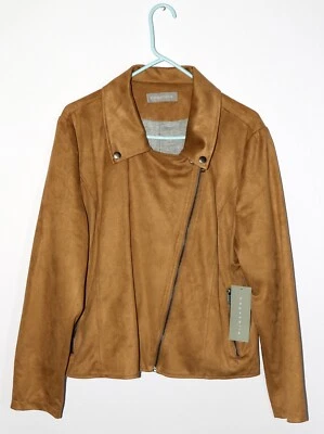 女式 XL 人造麂皮绒摩托夹克棕色衬里秋层全新带标签 — 第 1/4 张图片
